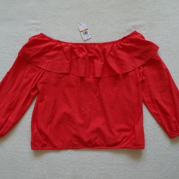 Michael Kors Off Shoulder Top Plus Size 3X Pink Orange Coral Ruffle Peasant - Picture 6 of 9